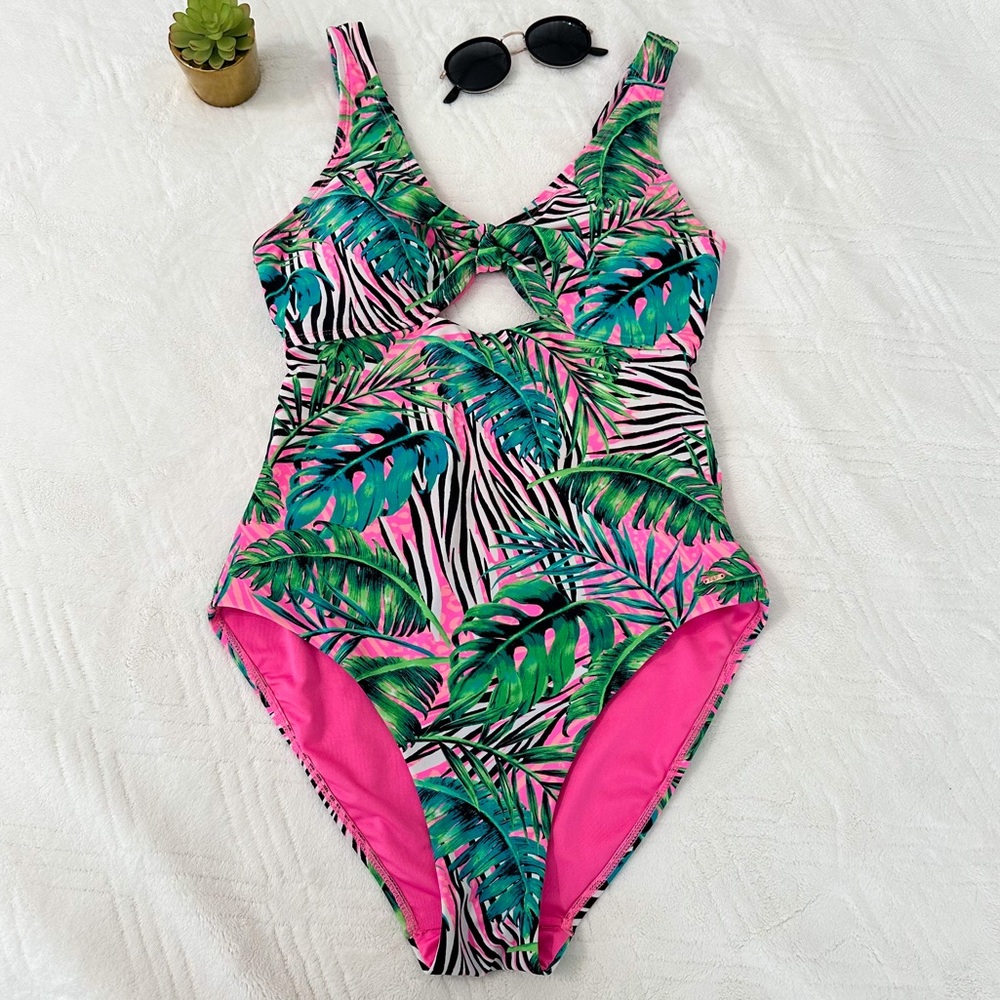 Kian D Womens One Piece Swimsuit Size L / XL Pink Green Palms Zebra Bathing Suit